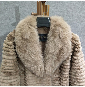 Real Fox Fur Collar Long Coat Stripe Nature