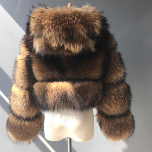 Luxury Real Silver Gold Fox Fur Coats With Fur Hood Genuine Fur Coat