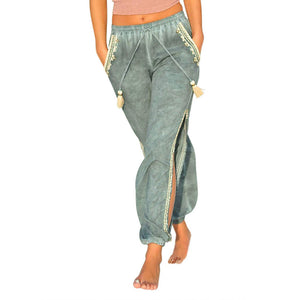 Women's Boho Loose Harem Pants - Solid Colored / Plaid Blue & White, Cut Out / Split Light Green Wine Royal Blue M L XL